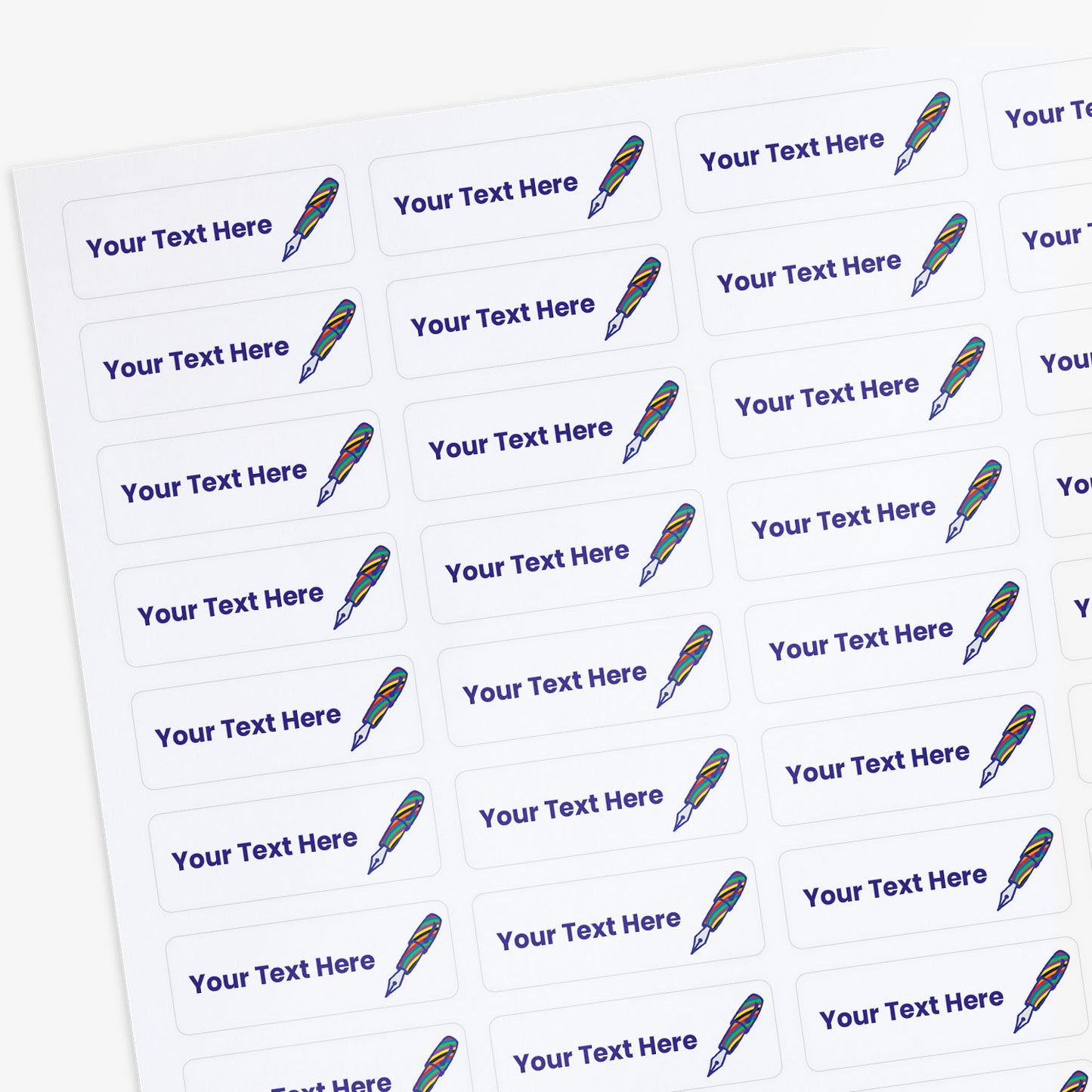 Sheet of personalized stickers with fountain pen designs and customisable text.