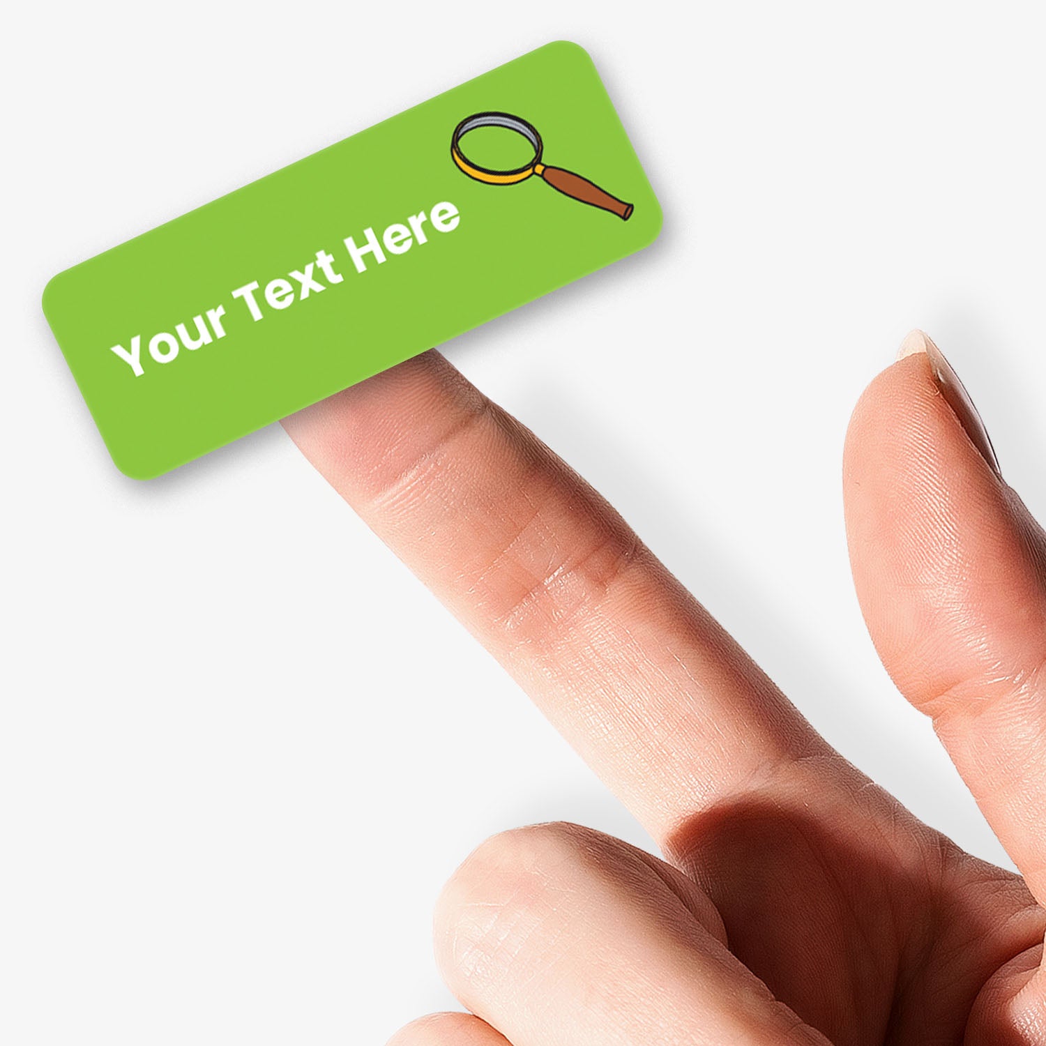 Green label with text placeholder held by a hand on a white background