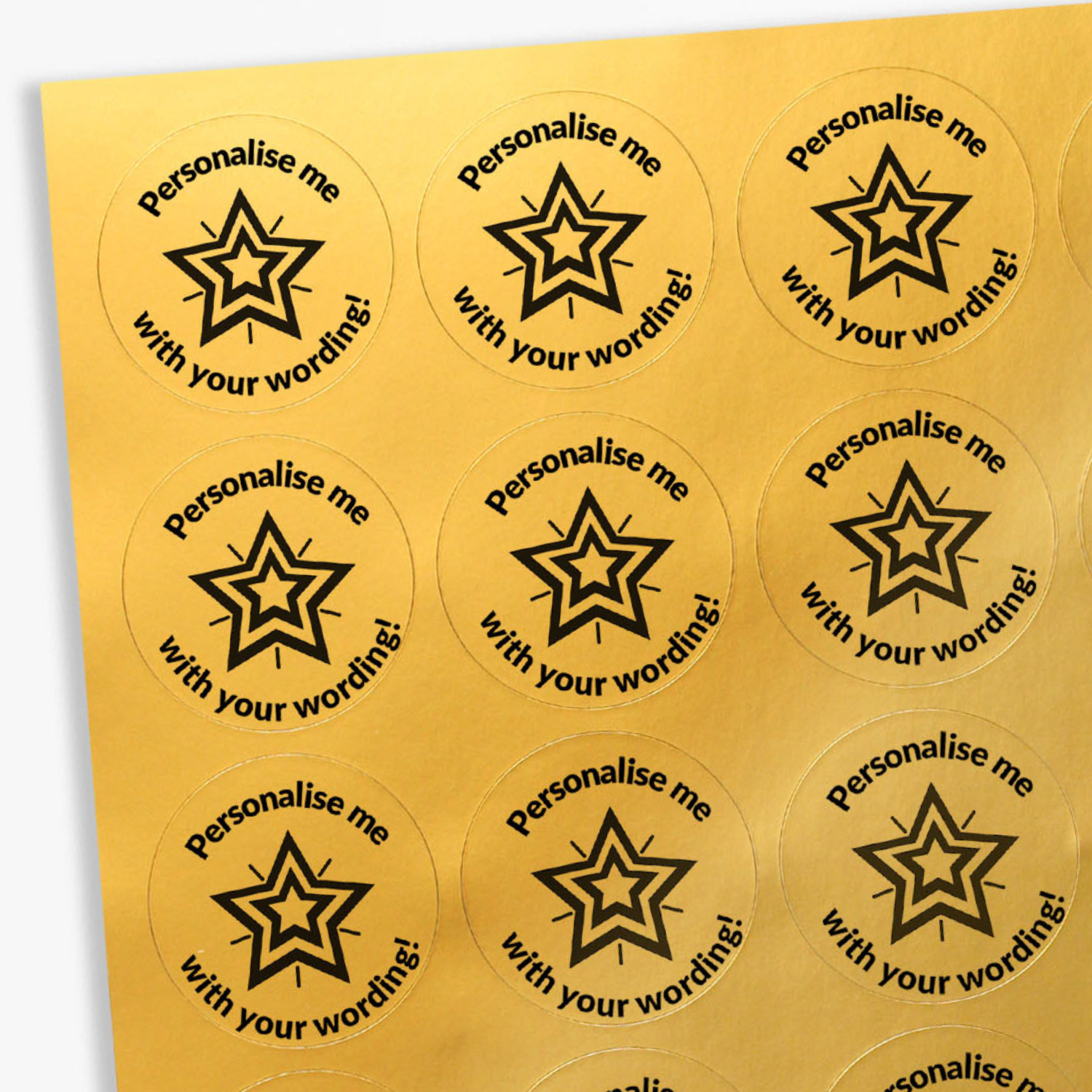 Round stickers with star design and text on a gold background
