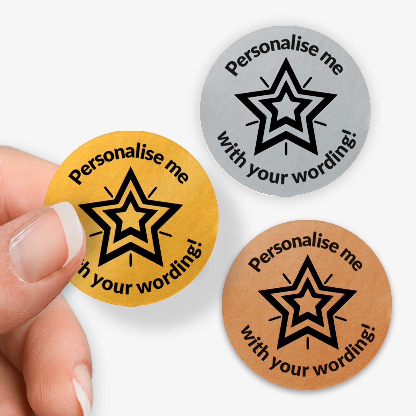 Three round stickers (gold, silver and bronze) with star designs and text 'Personalise me with your wording!' on a white background.