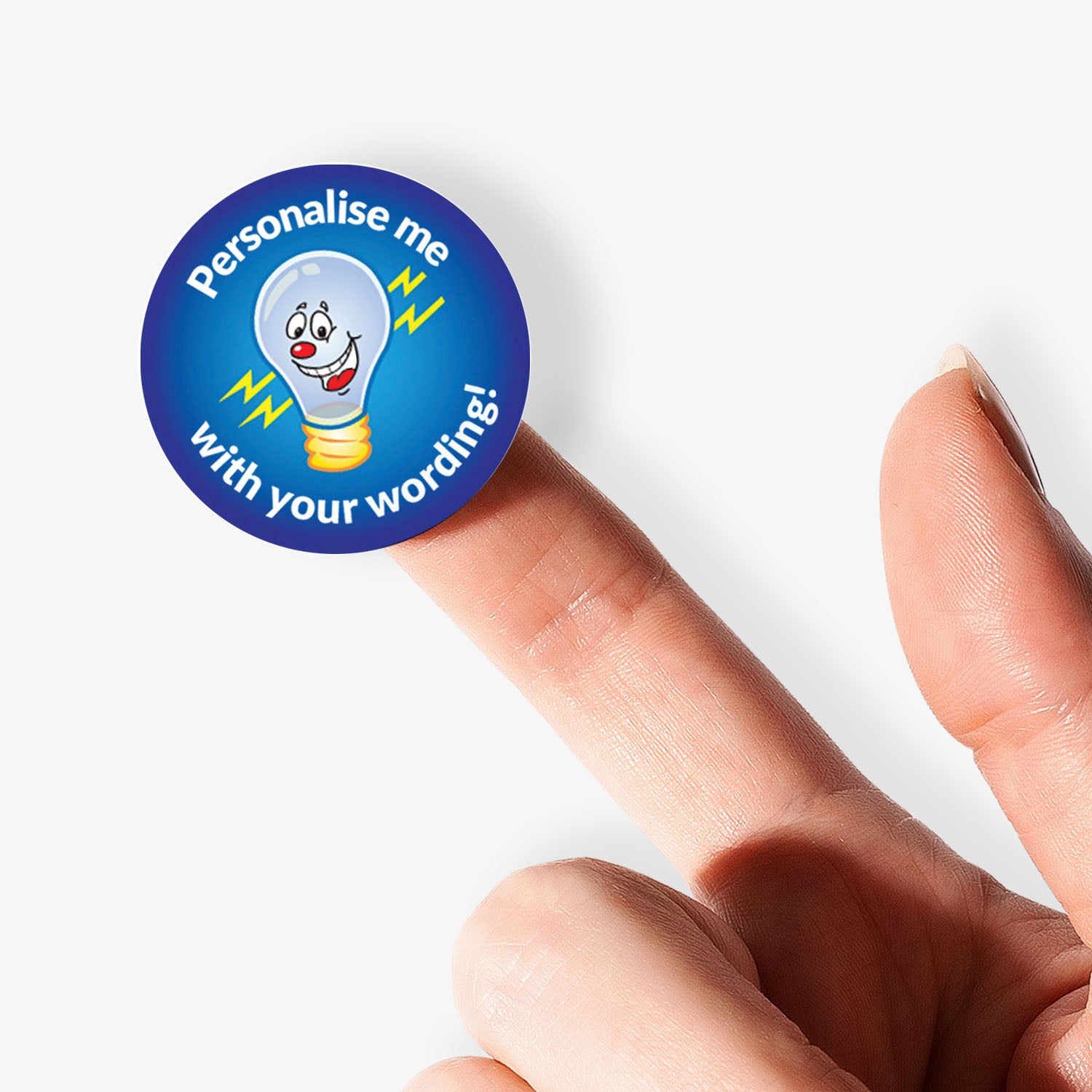 Blue circular sticker with a lightbulb character and text held by finger