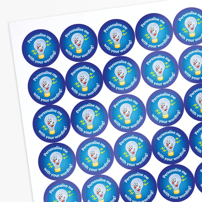 Sheet of blue circular sticker with a lightbulb character and text 