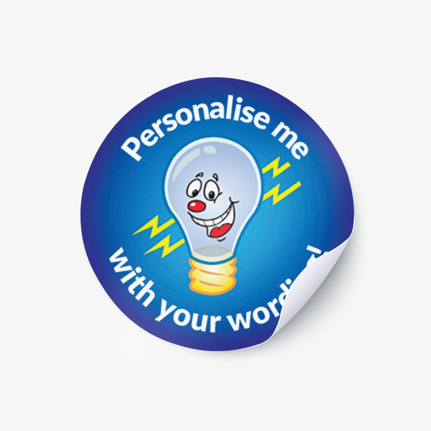 One blue circular sticker with a lightbulb character and text 