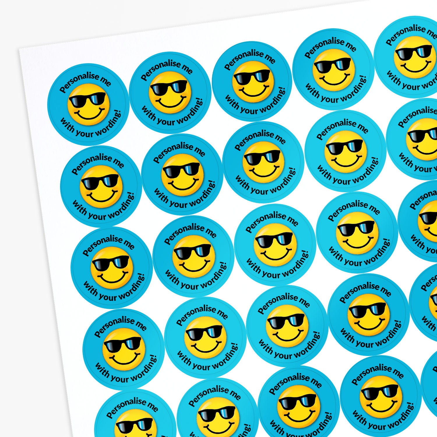 Sheet of round sticker with a smiley face wearing sunglasses and text 'Personalise me with your words!' on a blue background.