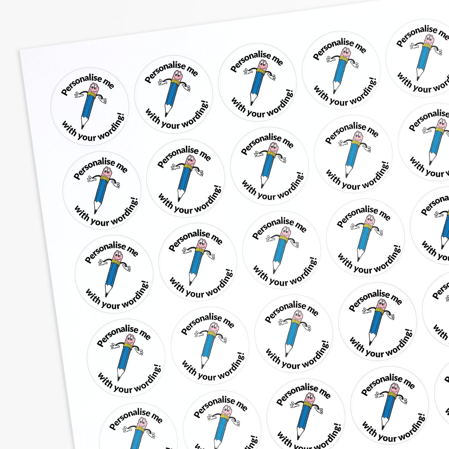 White stickers with a smiling blue pencil as a central image.  Space for personalisation above and below the image.