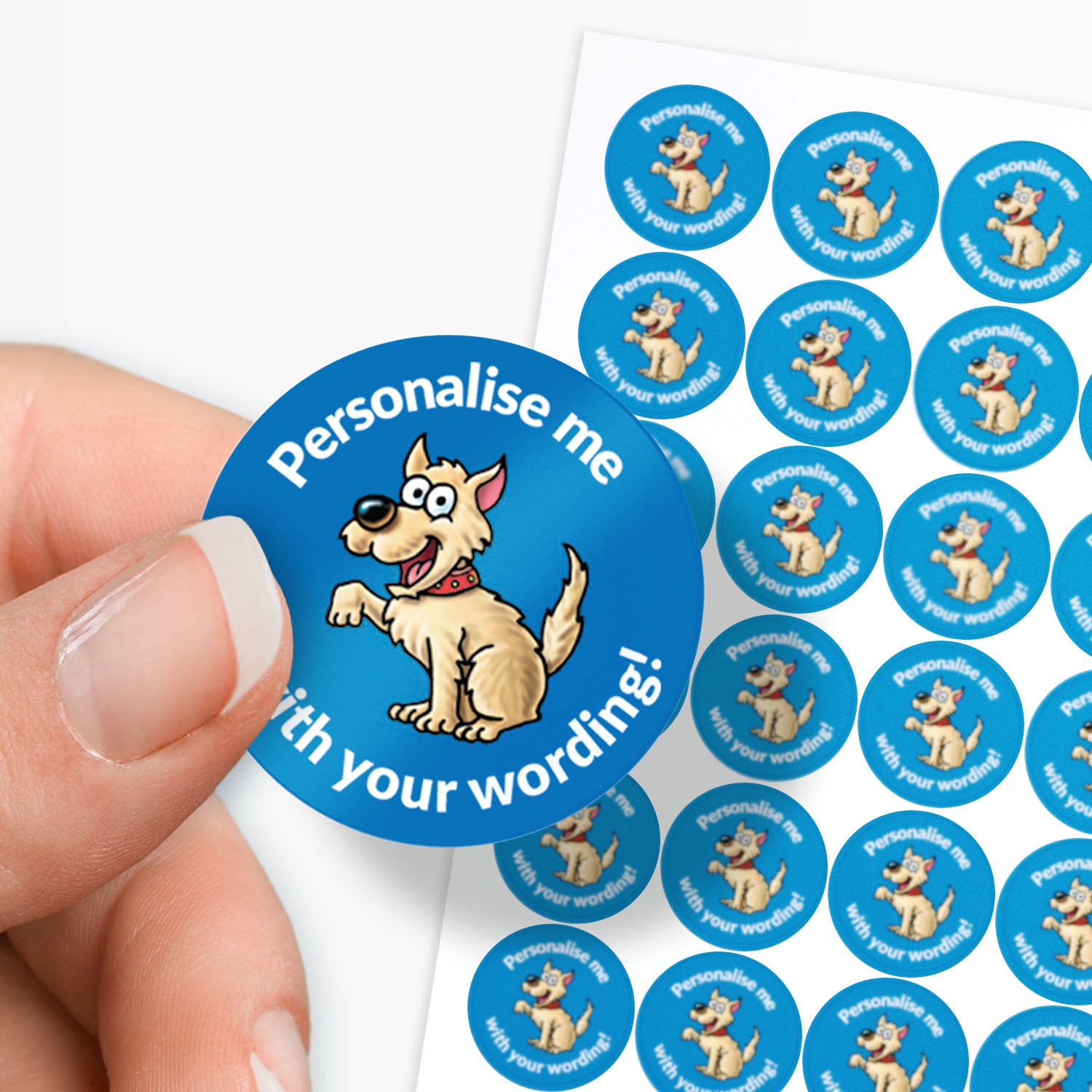 Blue stickers with a dog as a central image.  Space for personalisation above and below the image.