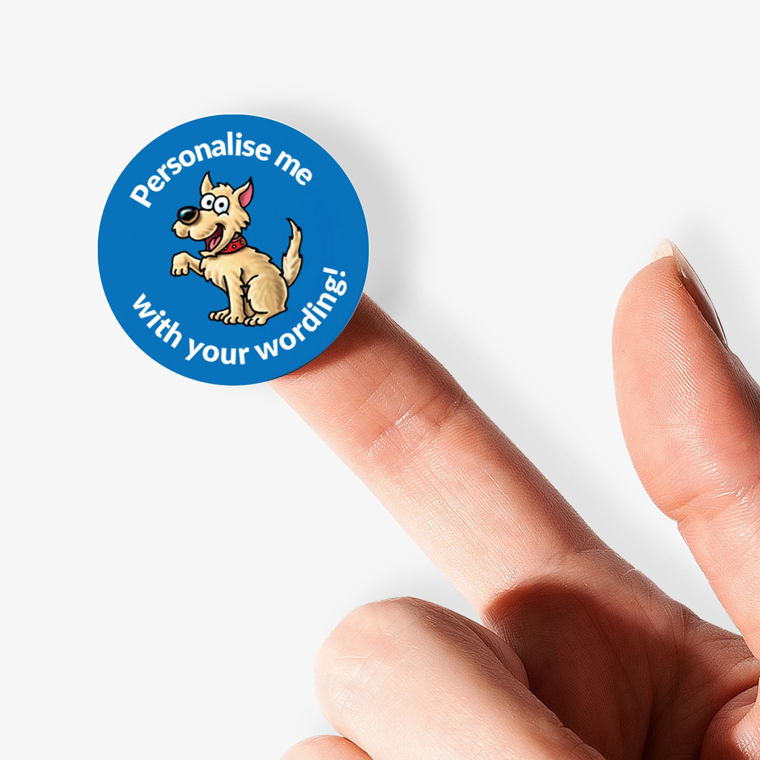Blue sticker on a finger with a dog as a central image.  Space for personalisation above and below the image.