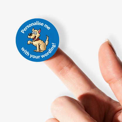 Blue sticker on a finger with a dog as a central image.  Space for personalisation above and below the image.