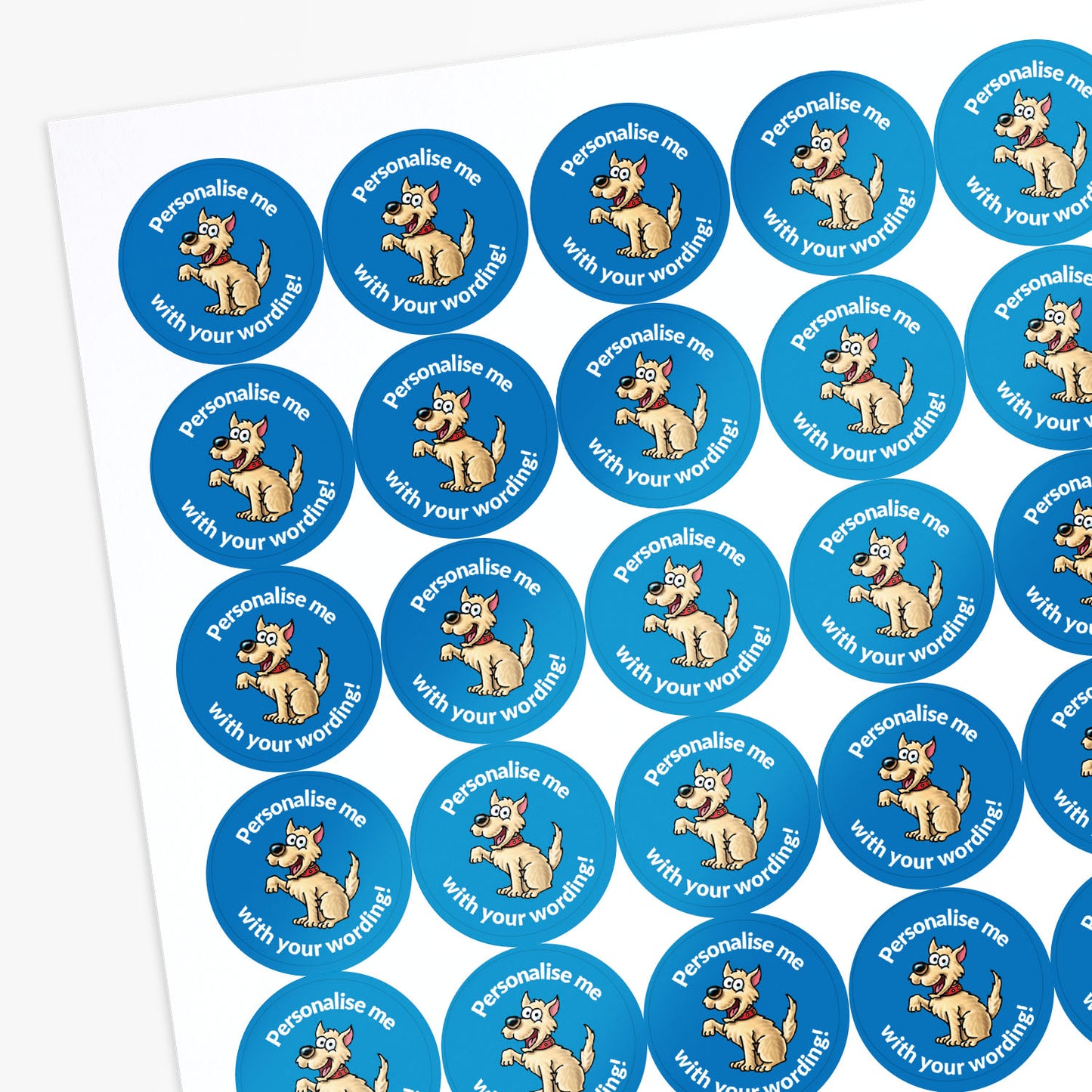 Blue stickers with a dog as a central image.  Space for personalisation above and below the image.