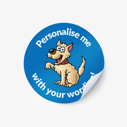 Blue sticker with a dog as a central image.  Space for personalisation above and below the image.
