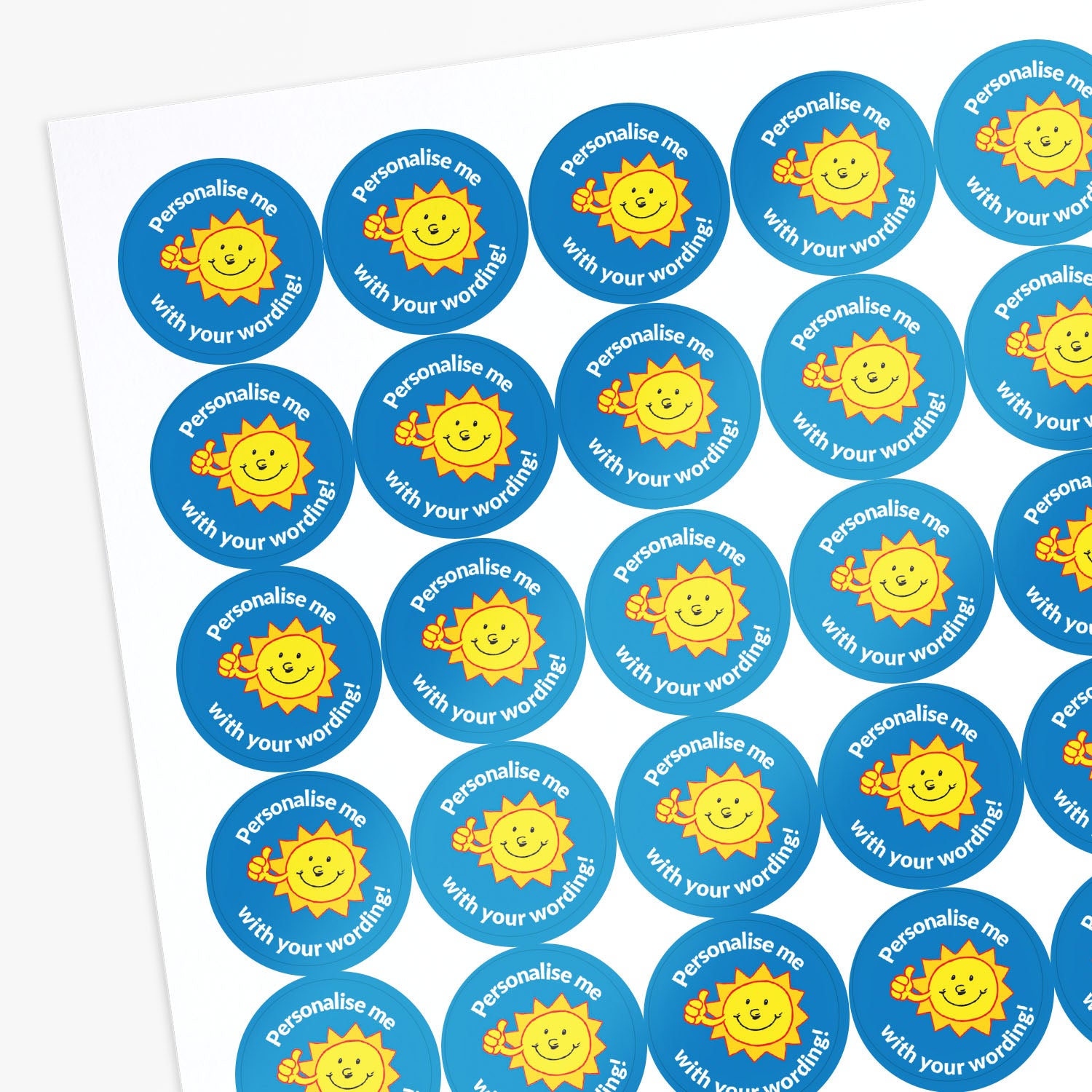 Blue stickers with a smiling sun as a central image.  Space for personalisation above and below the image.