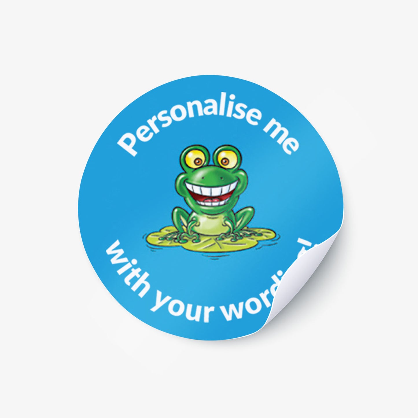 Round blue sticker with a cartoon frog and text on a white background