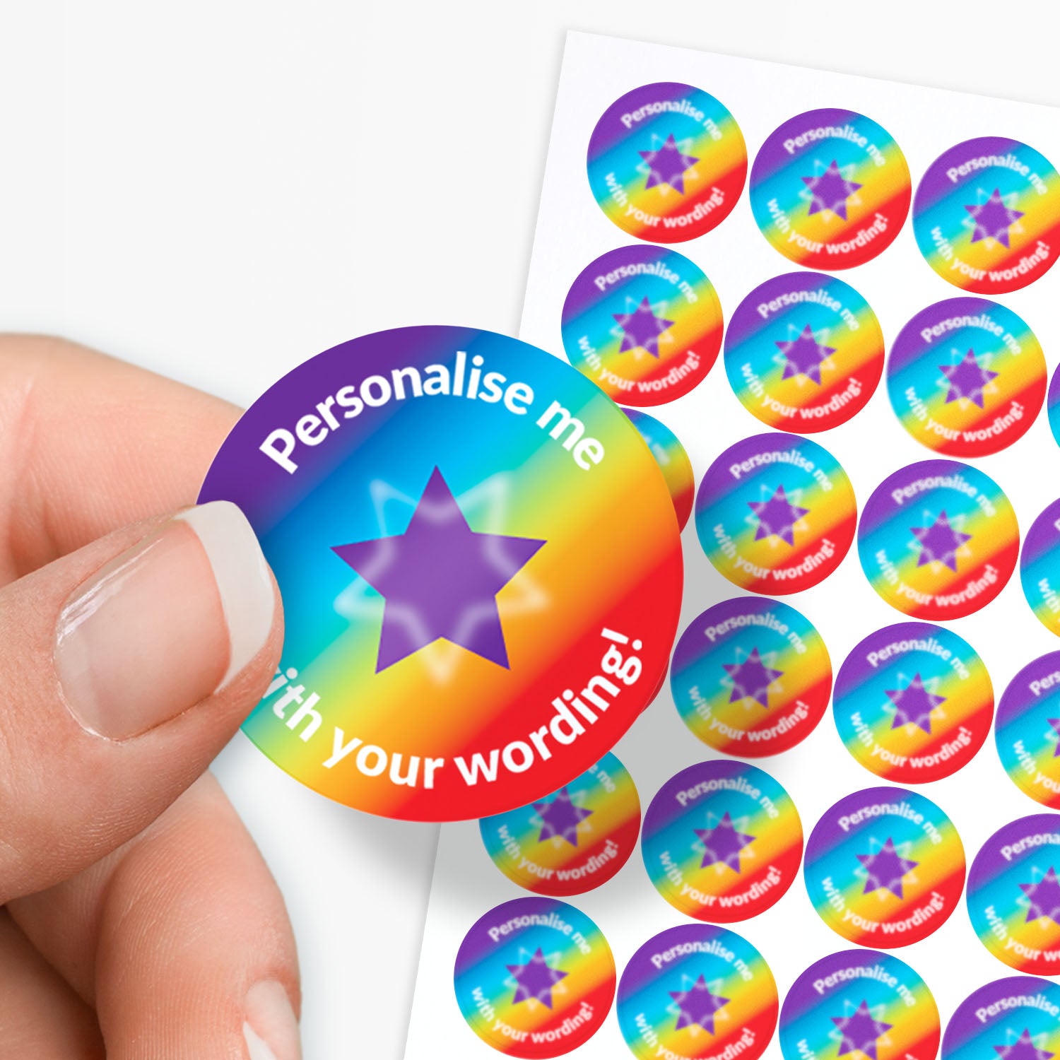 Multicoloured stickers with stars as a central image.  Space for personalisation above and below the image.
