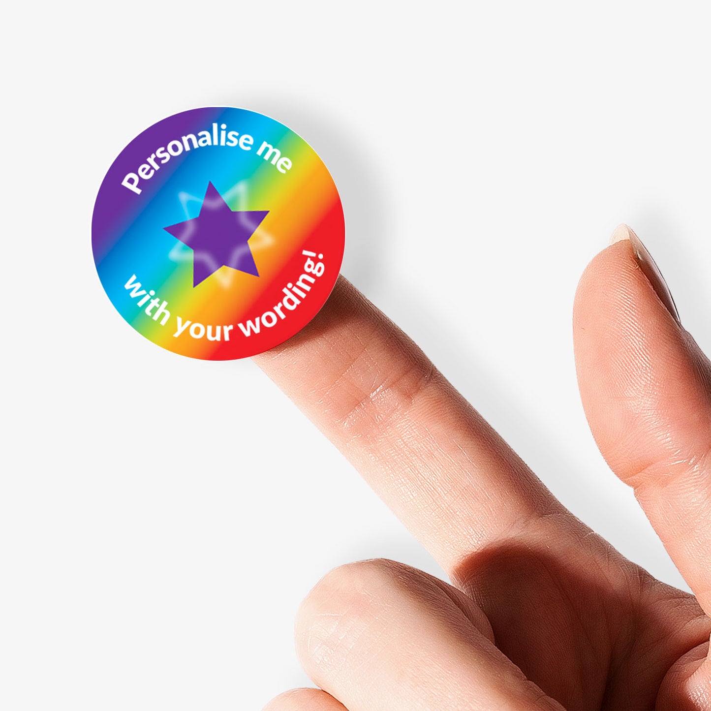 Multicoloured sticker on a finger with stars as a central image.  Space for personalisation above and below the image.