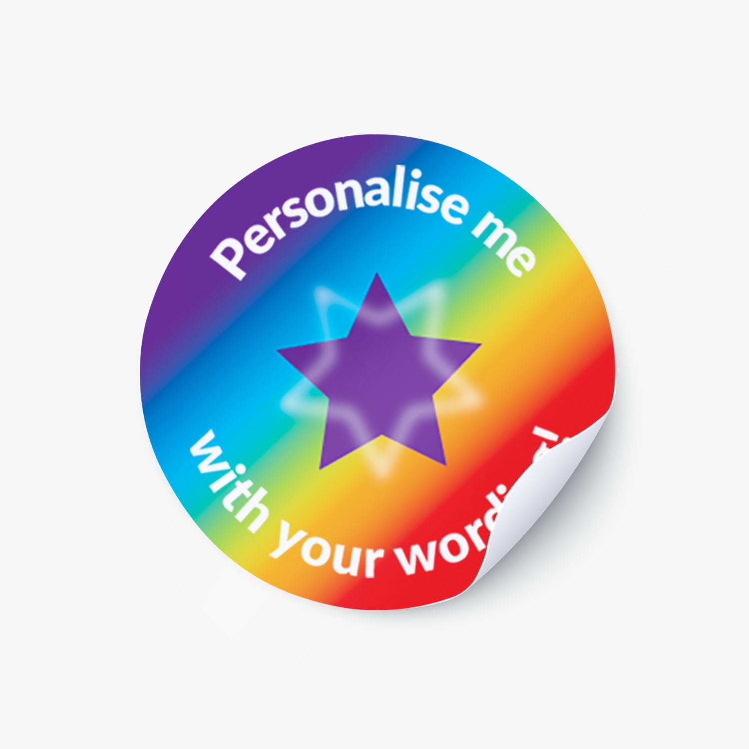 Multicoloured sticker with stars as a central image.  Space for personalisation above and below the image.