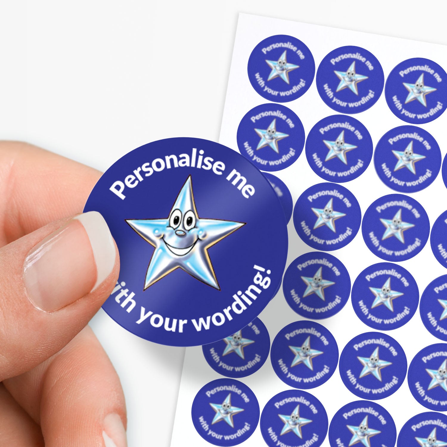 Blue stickers with a smiling silver star as a central image.  Space for personalisation above and below the image.