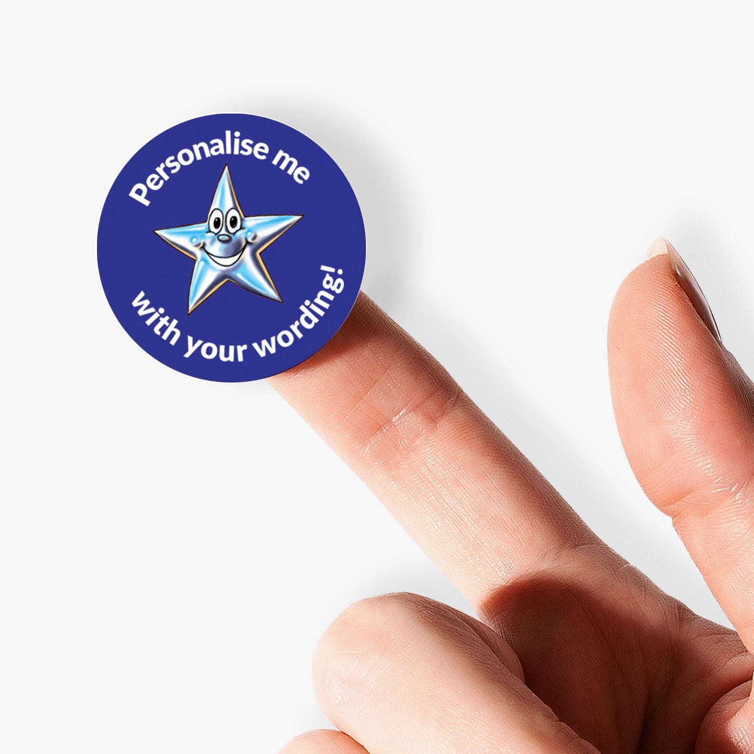 Blue sticker on a finger with a smiling silver star as a central image.  Space for personalisation above and below the image.