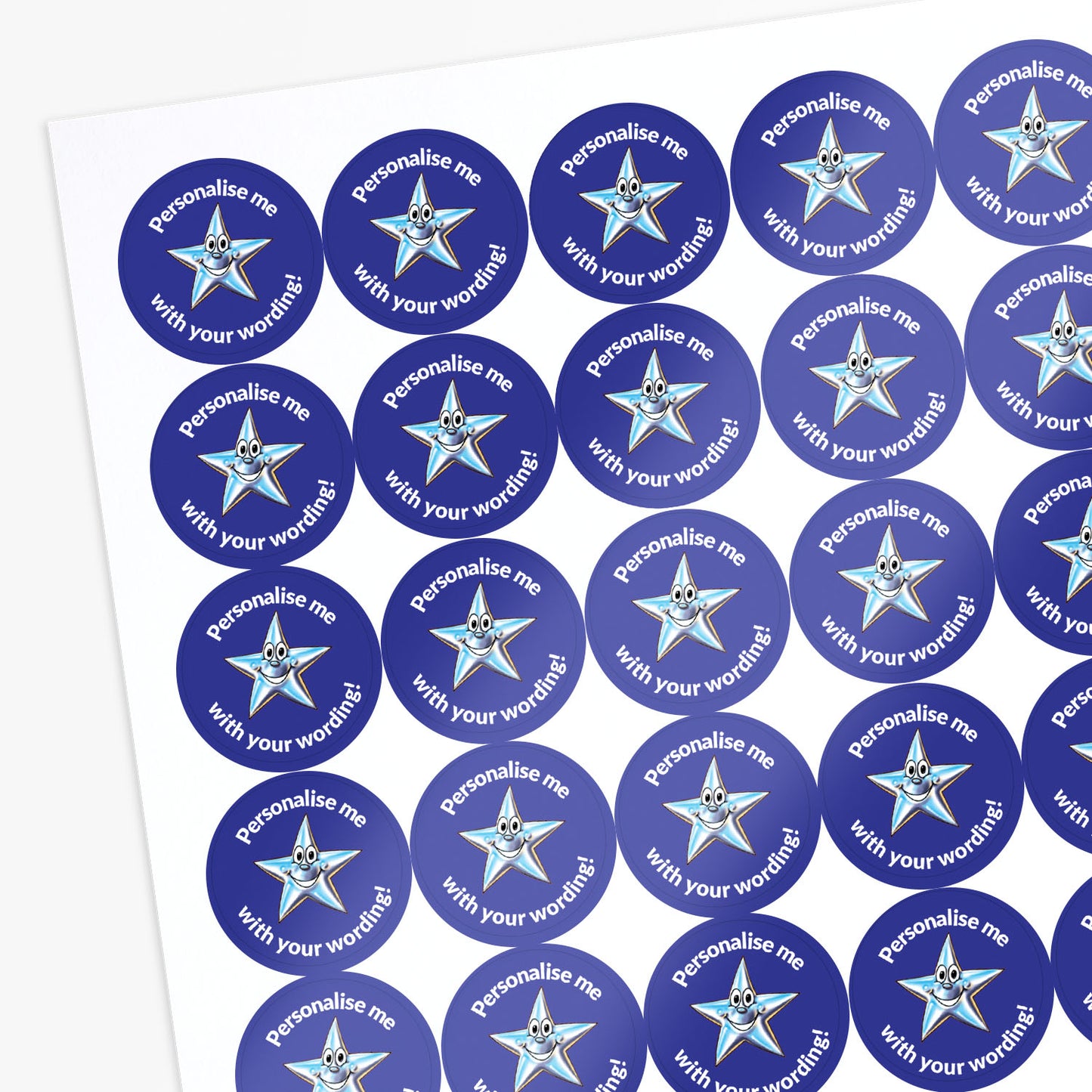 Blue stickers with a smiling silver star as a central image.  Space for personalisation above and below the image.