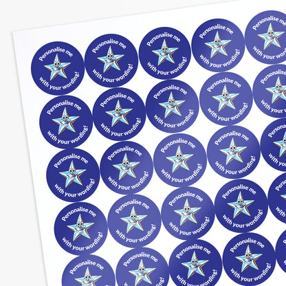 Blue stickers with a smiling silver star as a central image.  Space for personalisation above and below the image.