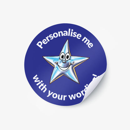Blue sticker with a smiling silver star as a central image.  Space for personalisation above and below the image.