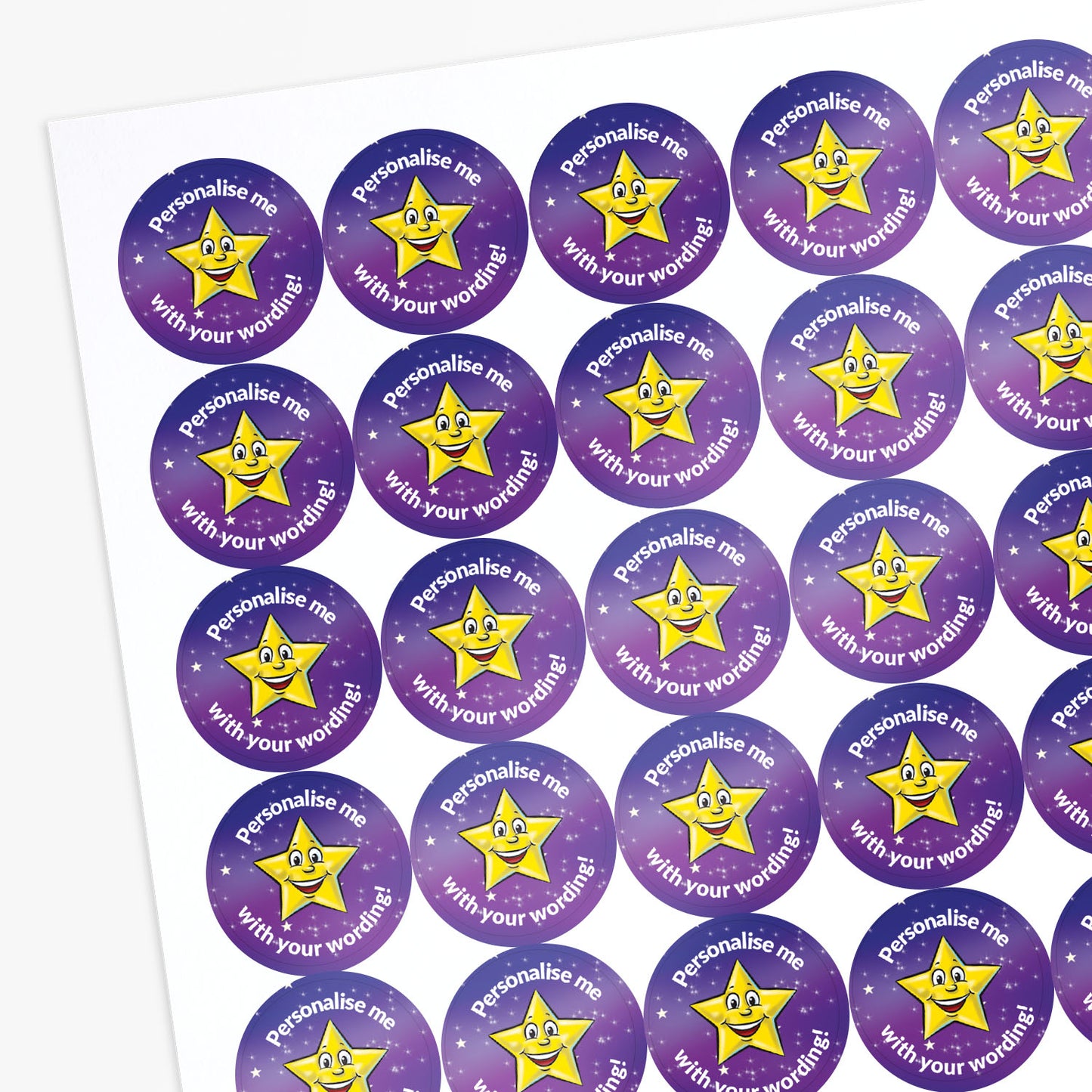 Sheet of circular purple stickers with a yellow cartoon star and text on a white background