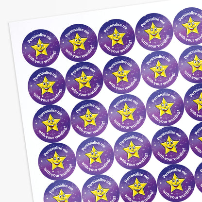 Sheet of circular purple stickers with a yellow cartoon star and text on a white background