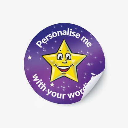 Round purple sticker with a yellow star and text 'Personalise me with your words' on a white background