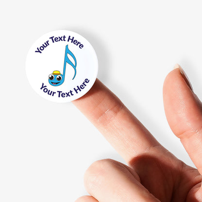 Round sticker with music symbol and text 'Your Text Here' held by finger