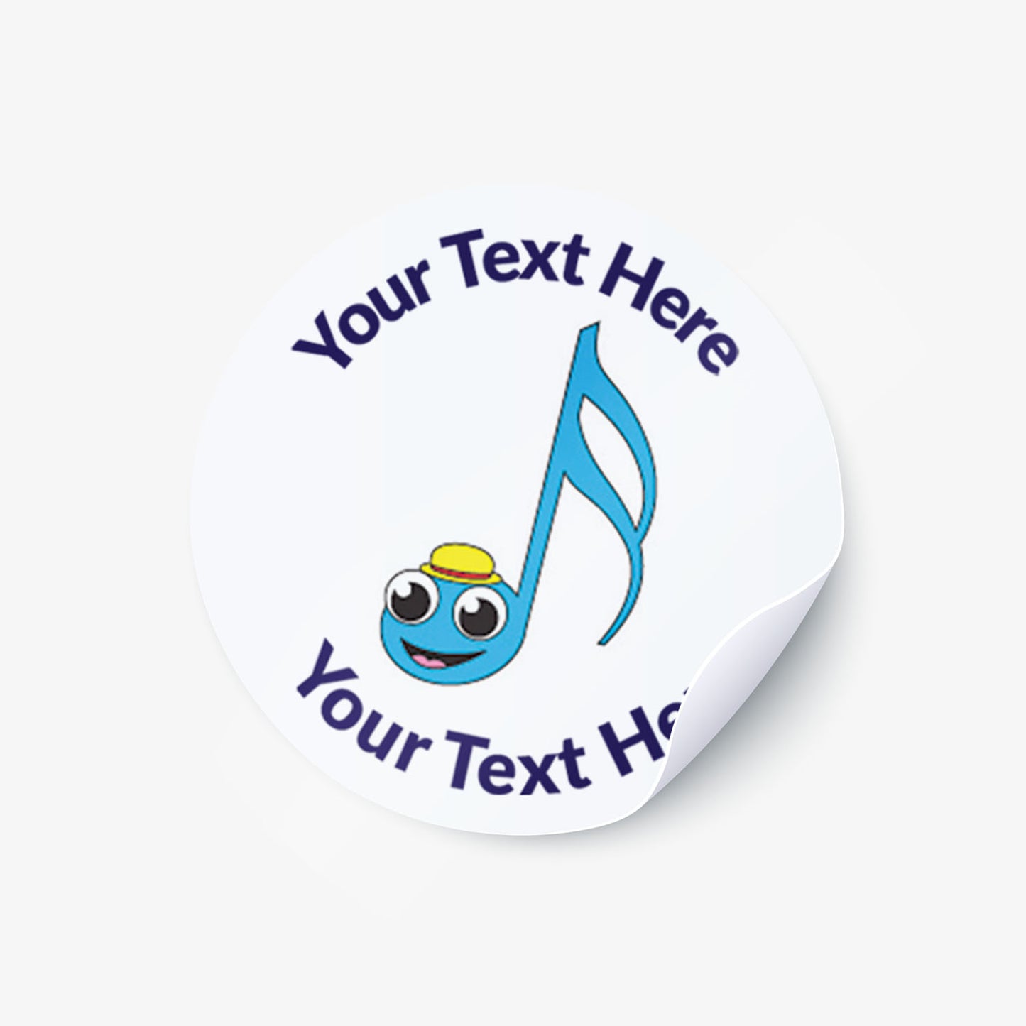 Round sticker with music symbol and text 'Your Text Here!' 
