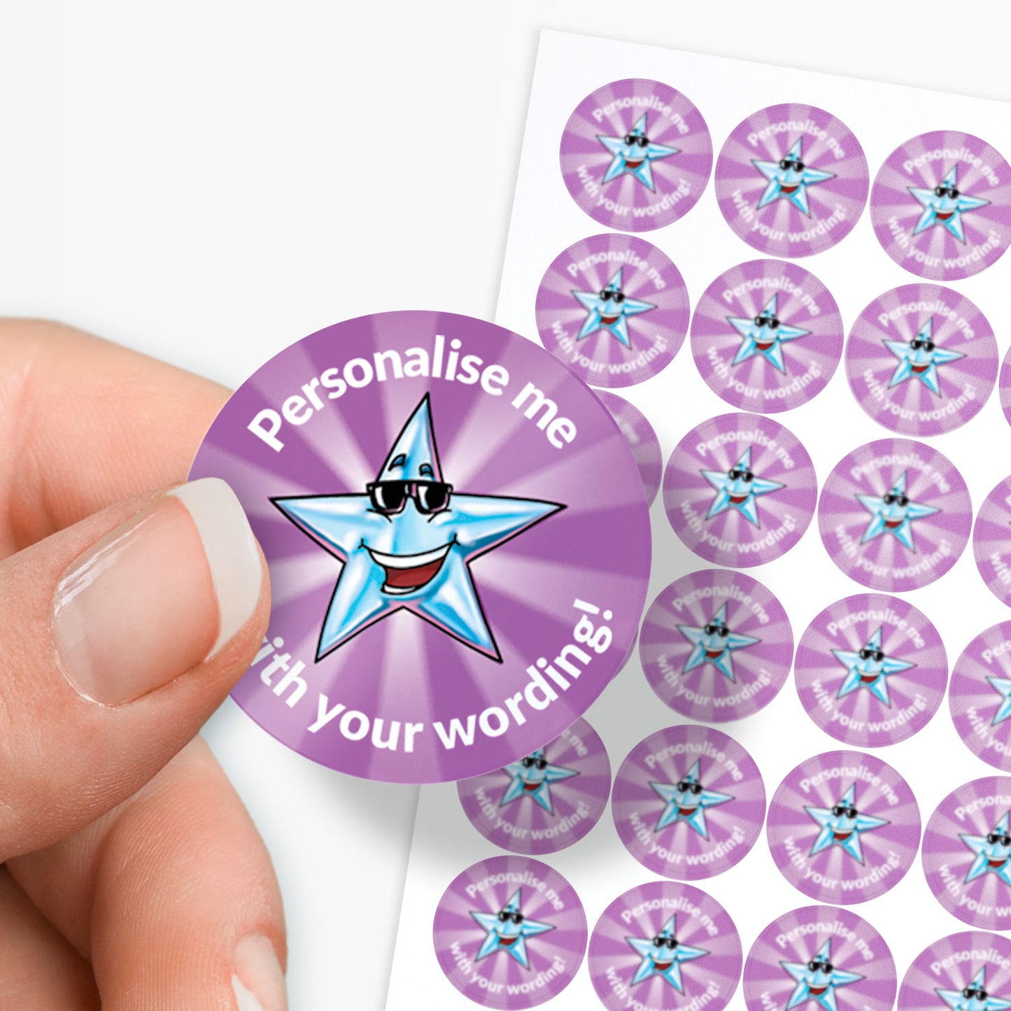 Purple star-shaped sticker with text 'Personalise me with your wording!' held by a hand, surrounded by more stickers.