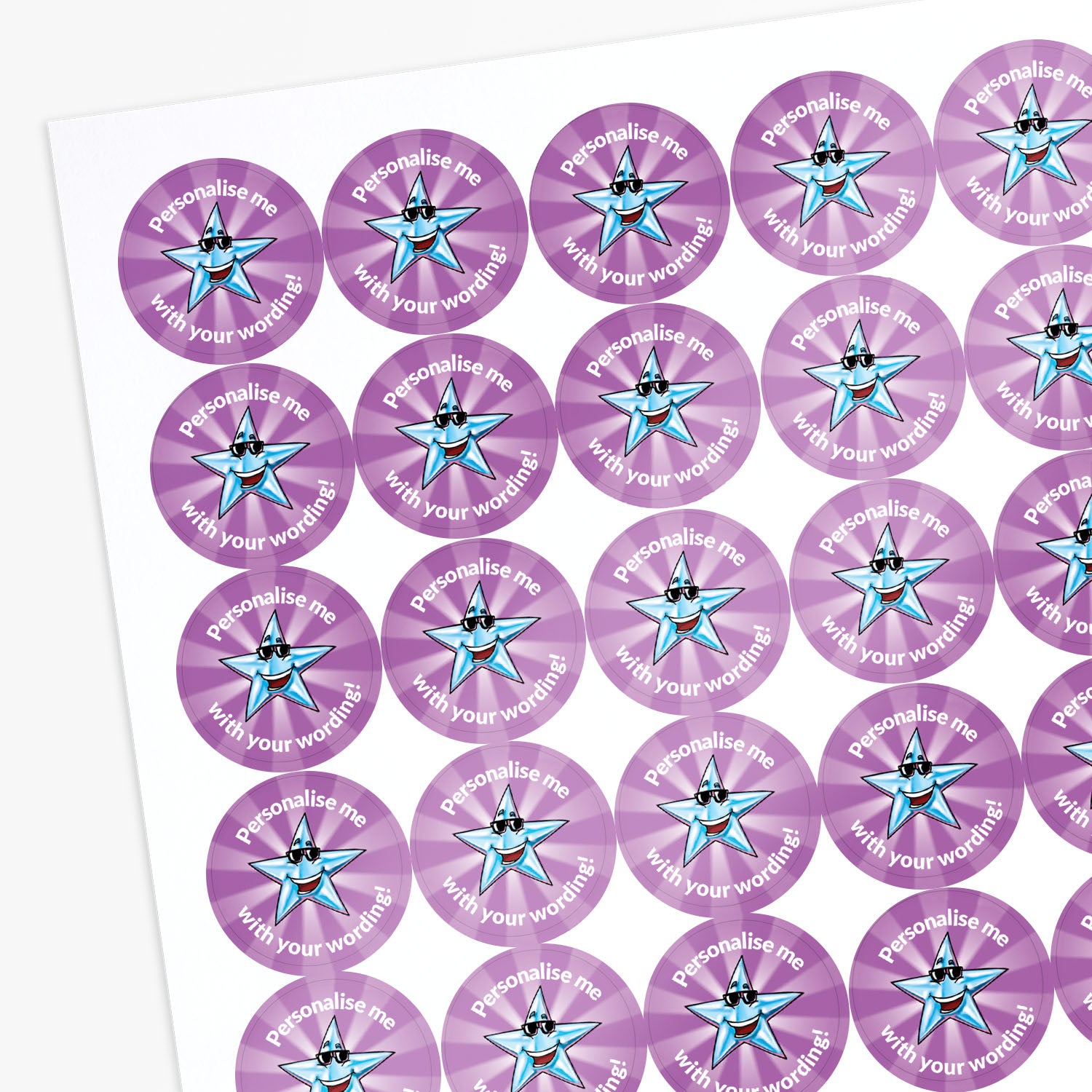 Sheet of circular purple stickers with a cartoon star and text on a white background
