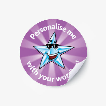 Round purple sticker with a star character and text 'Personalise me with your words' on a white background