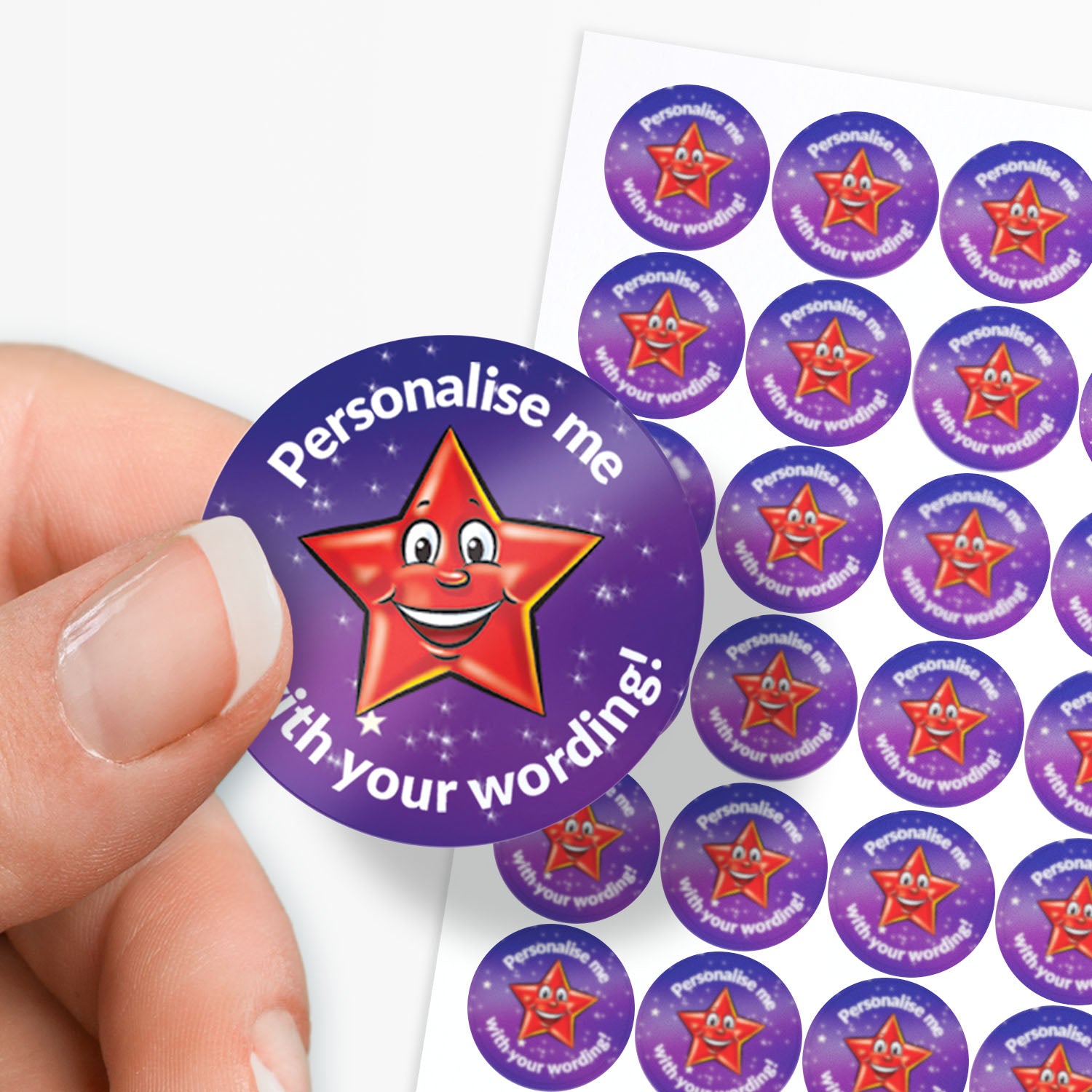 Round purple sticker with a red star and text 'Personalise me with your words' held between finger and thumb