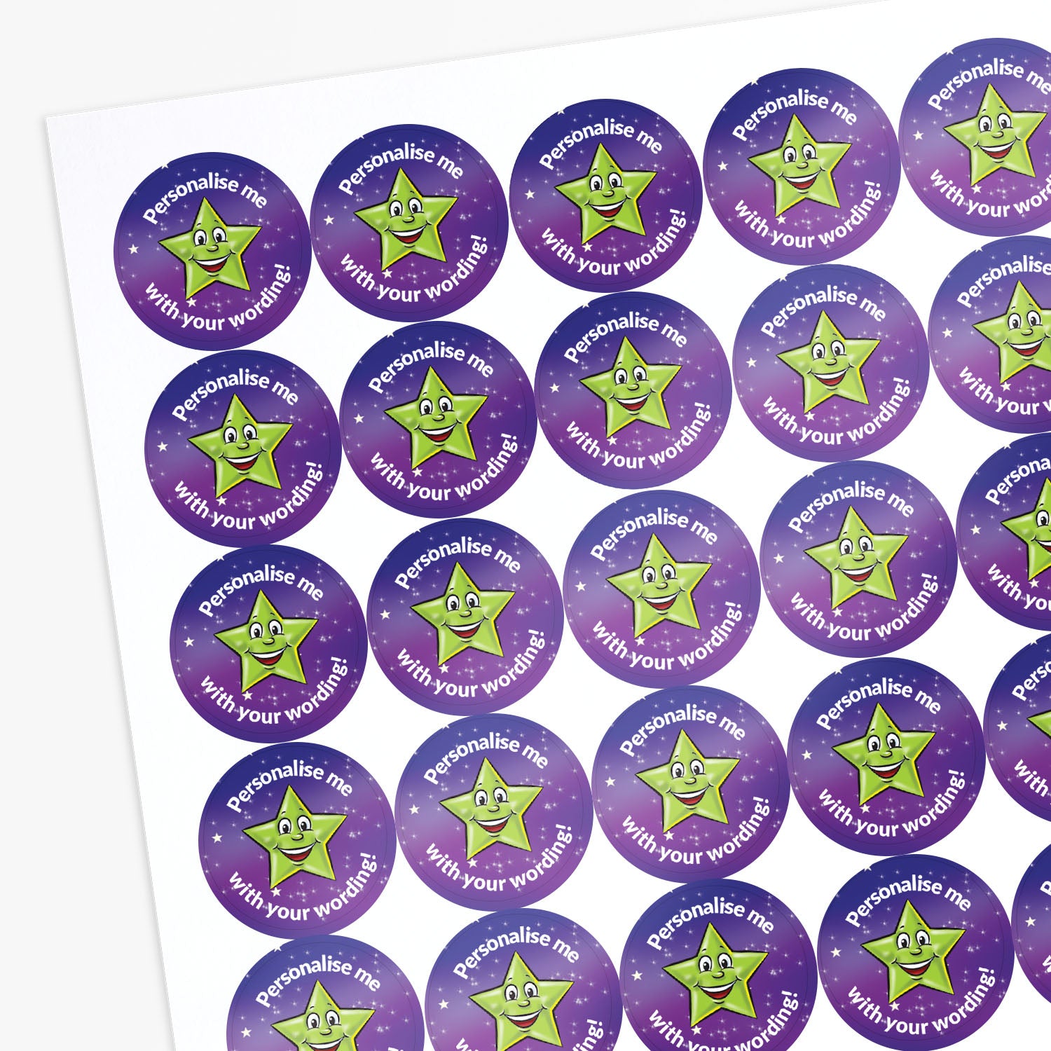 Sheet of circular stickers with a cartoon star and text on a white background
