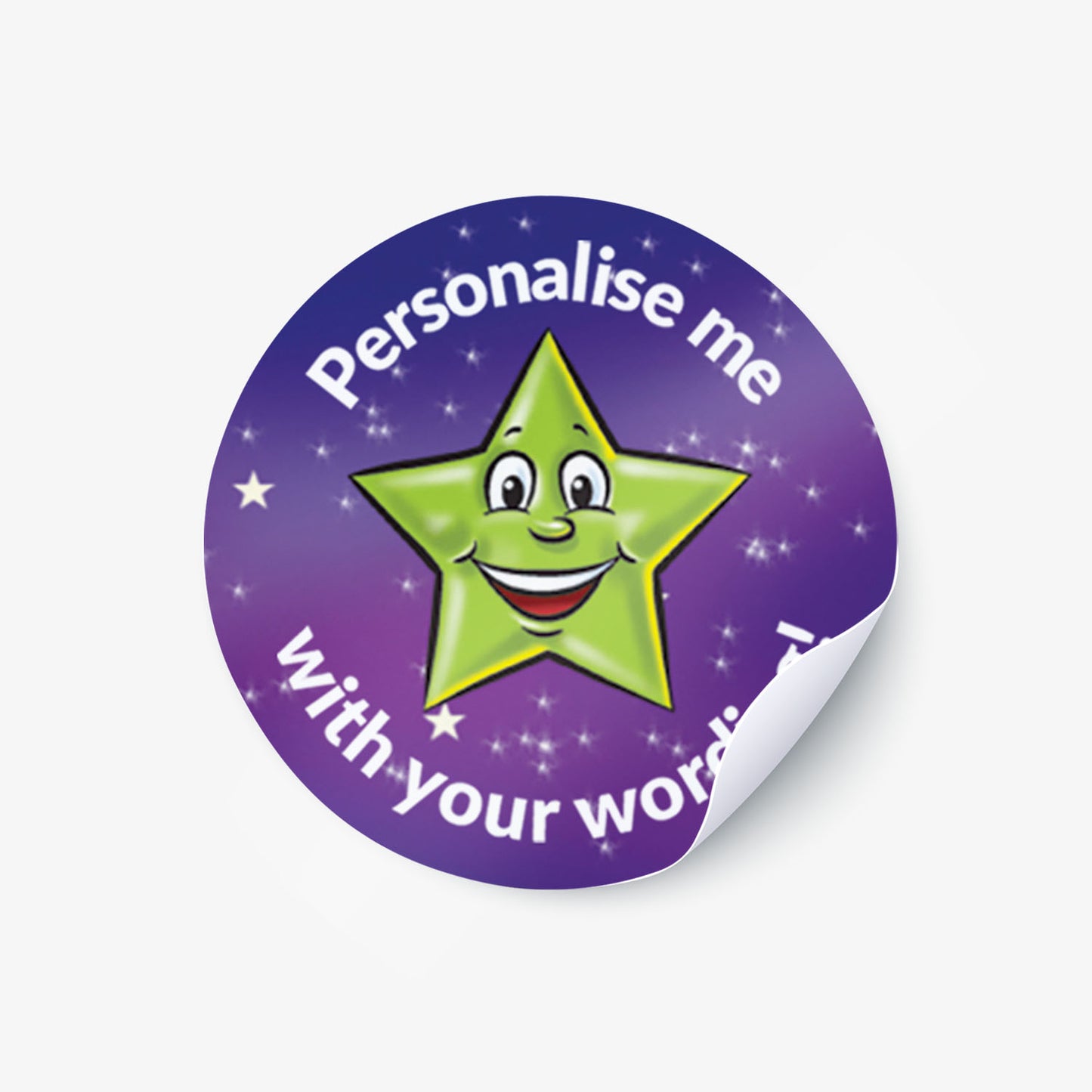 Single circular purple stickers with a cartoon star and text on a white background