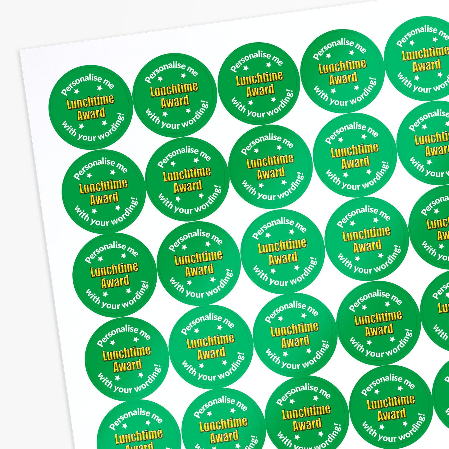 Sheet of circular stickers with a Lunchtime Award and text on a white background

