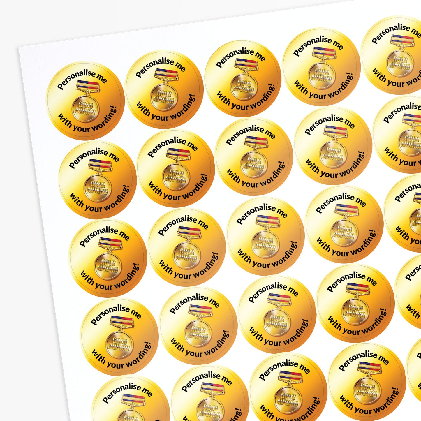 Sheet of gold stickers with personalized text on a white background