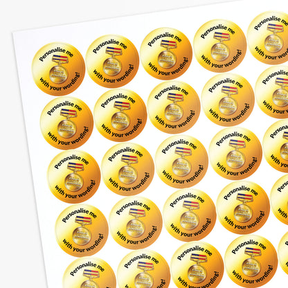 Sheet of gold stickers with personalized text on a white background