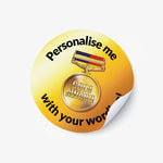 One gold stickers with personalized text on a white background