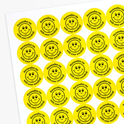 Sheet of circular stickers with a smiley face and text on a white background
