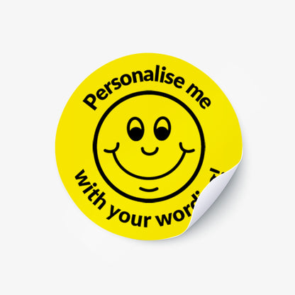 One circular stickers with a smiley face and text on a white background
