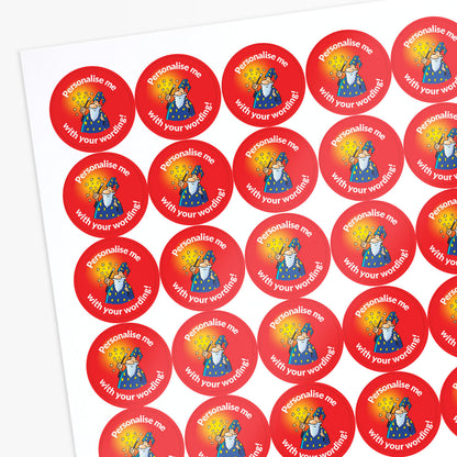 Sheet of red stickers with cartoon wizard characters and text on a white background
