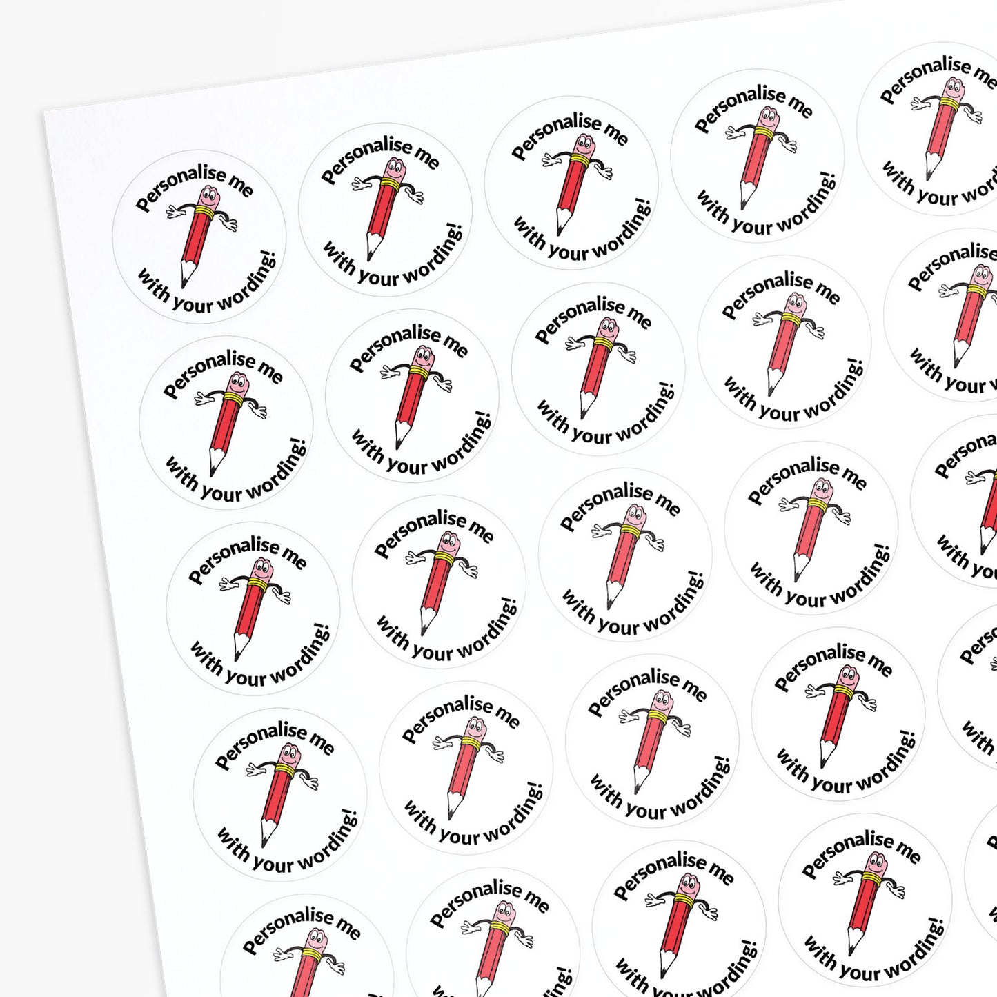 White stickers with a smiling red pencil as a central image.  'Personalise me with your wording!' 
