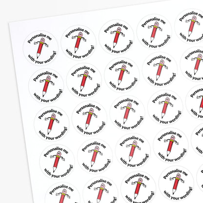 White stickers with a smiling red pencil as a central image.  'Personalise me with your wording!' 