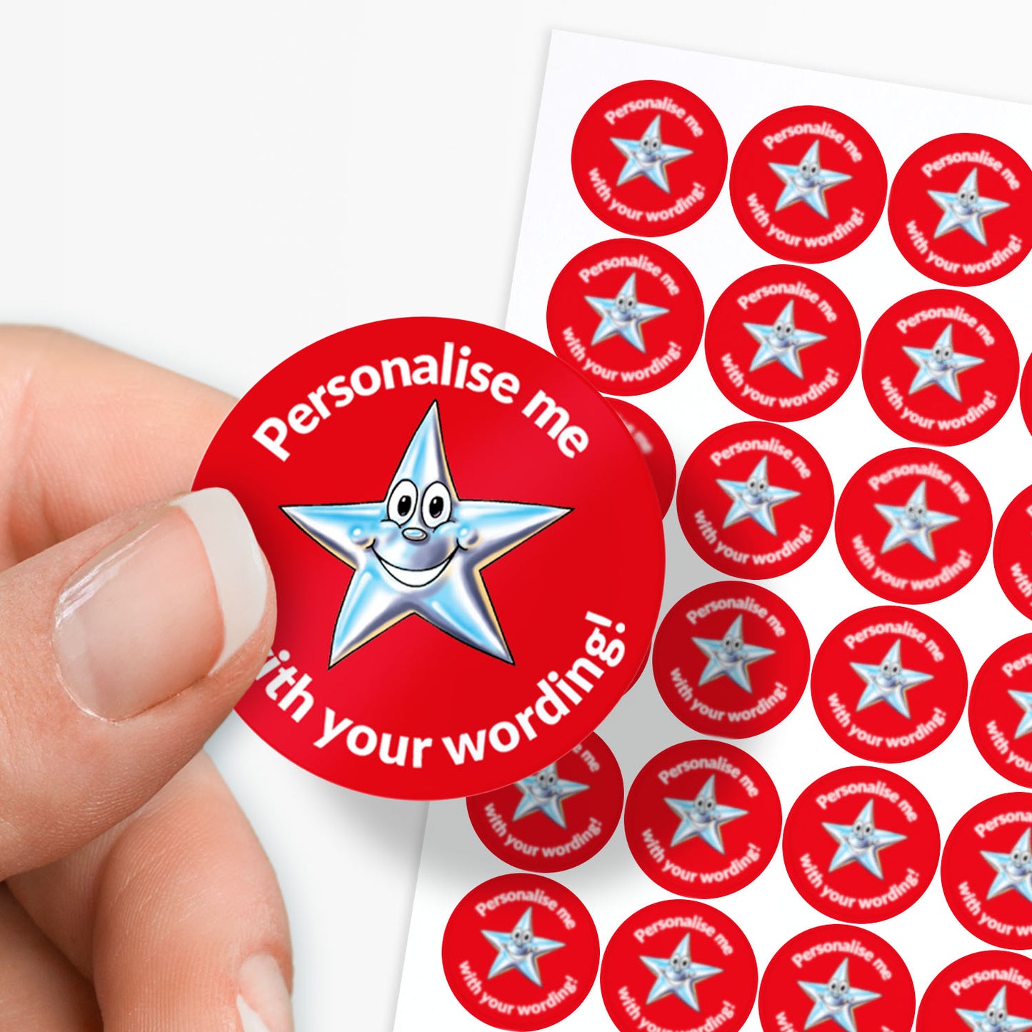Red stickers with a smiling silver star as a central image.  'Personalise me with your wording!' 