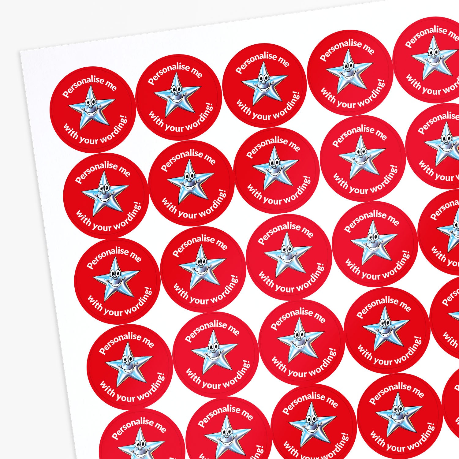Red stickers with a smiling silver star as a central image.  'Personalise me with your wording!' 