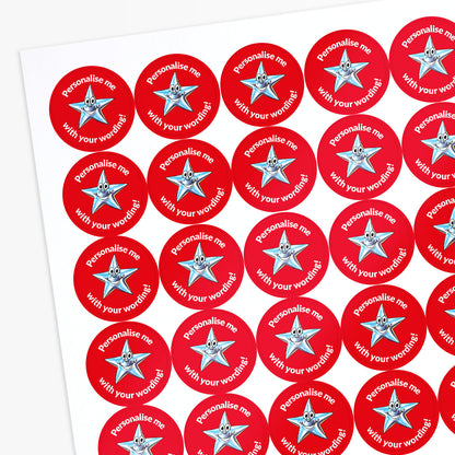 Red stickers with a smiling silver star as a central image.  'Personalise me with your wording!' 
