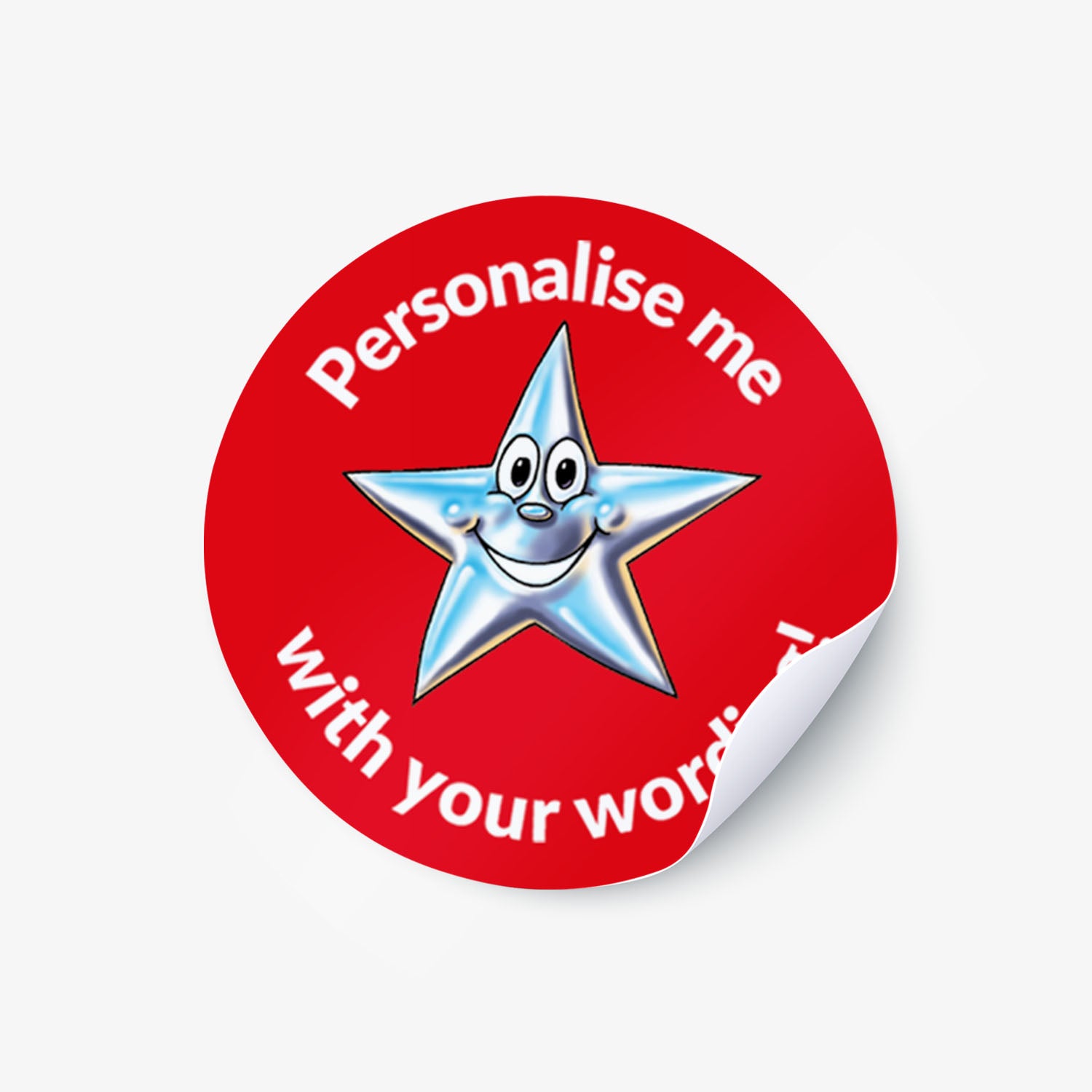 Red sticker with a smiling silver star as a central image.  'Personalise me with your wording!' 