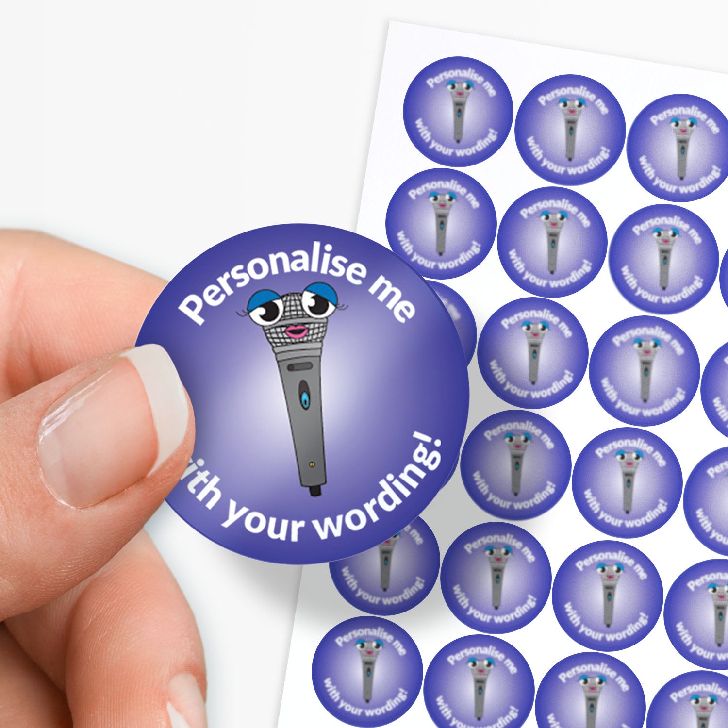 Purple stickers with a smiling microphone as a central image.  'Personalise me with your wording!' 