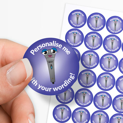 Purple stickers with a smiling microphone as a central image.  'Personalise me with your wording!' 